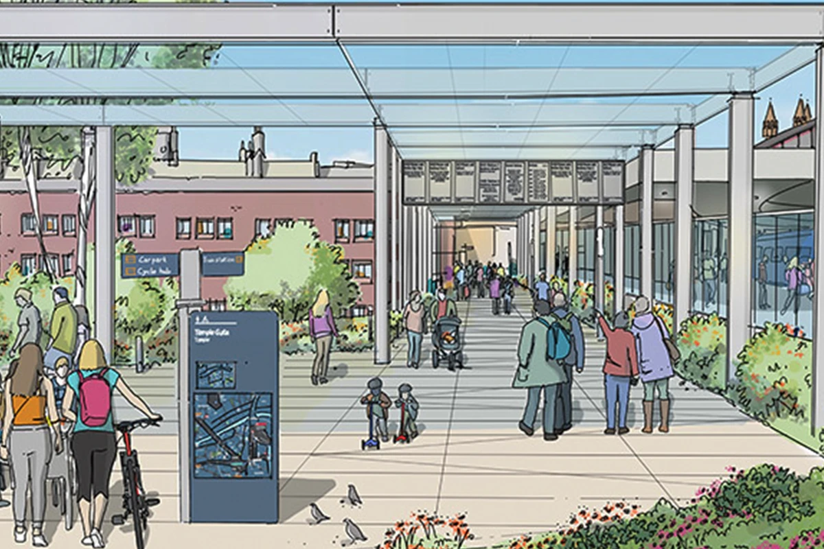 Artist's impression showing what the new Southern Gateway at Bristol Temple Meads Station could look like. A covered walkway has people walking towards the station. On the left a woman with a bike looks at a map of the area.