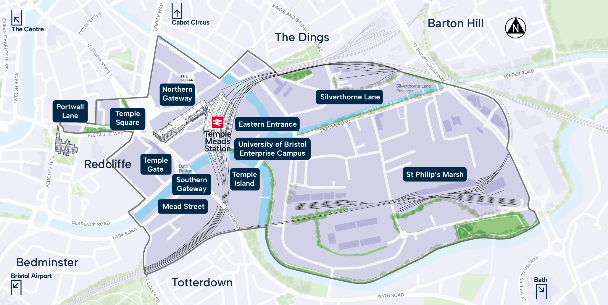 Map showing key locations at Bristol Temple Quarter. Temple Meads station is in the centre, with development areas marked on either side.