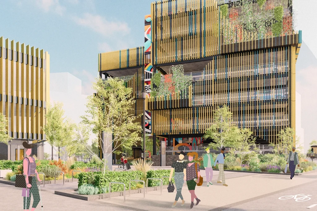 Artist's impression: A vibrant urban space featuring a pedestrian-friendly walkway bordered by soft landscaping and modern architectural elements. On the right framing the space, is a multi-story car park with vertical cladding and planting accents. On the left, the cycle hub complements the scene, with planters and seating areas enhancing the public space. The pathway, paved with textured materials (similar to Bristol Temple Meads), leads to an open gateway providing connection with the Station. The Temple Island development is shown indicatively in the background.