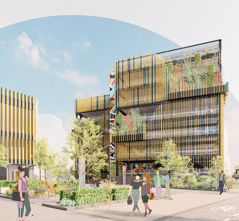 Artist's impression: Street level view looking through the site. A vibrant urban space featuring a pedestrian-friendly walkway bordered by soft landscaping and modern architectural elements. On the right, is a multi-story car park with vertical cladding and planting features. On the left, is a cycle hub, with planters and seating areas enhancing the public space. The pathway, paved with textured materials (similar to Bristol Temple Meads), leads to an open gateway providing connection with Temple Meads Station. The Temple Island development is shown indicatively in the background.