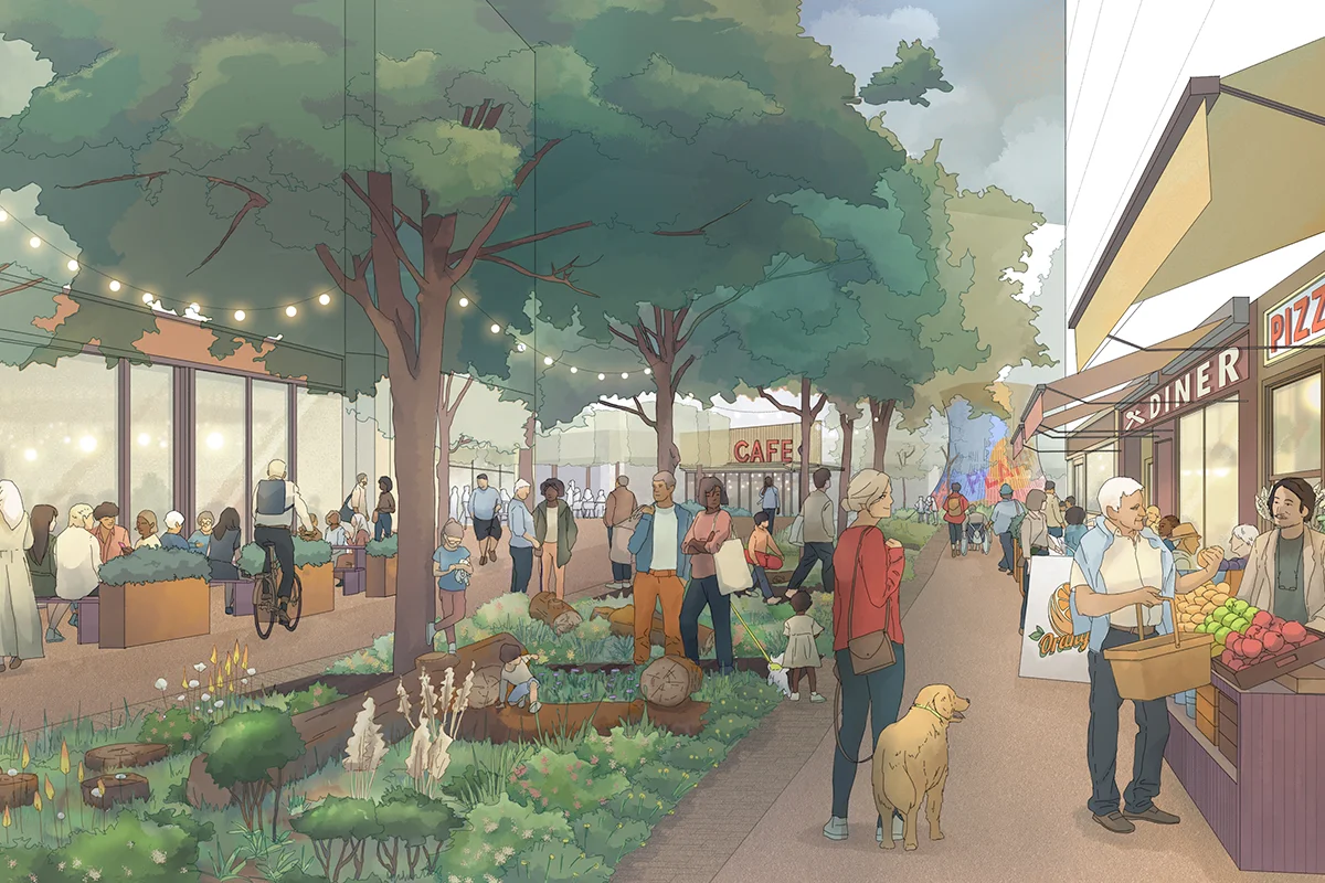 - Artist’s impression of Mead Street. People walk, sit and cycle. In the centre are planting and trees. On the right, people shop at a market stall.