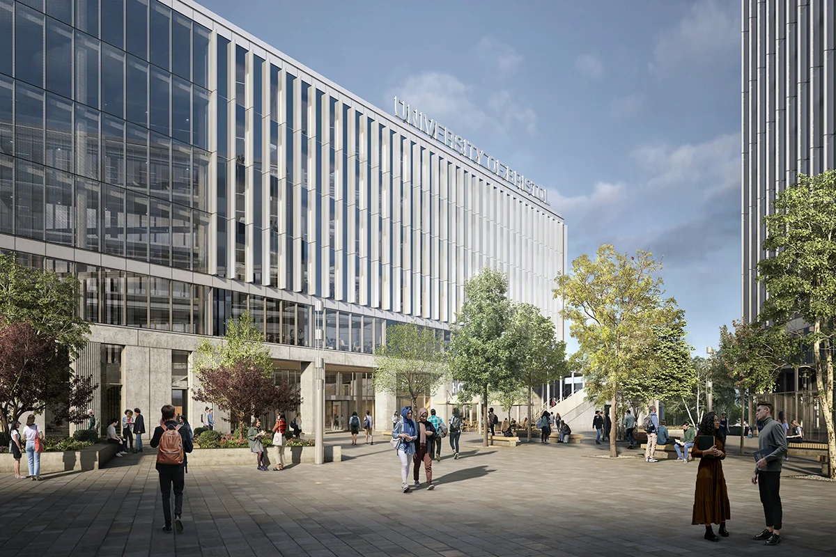 - Artist’s impression of the new main building at the Enterprise Campus. It is a class clad building. In the foreground is public space with people walking.