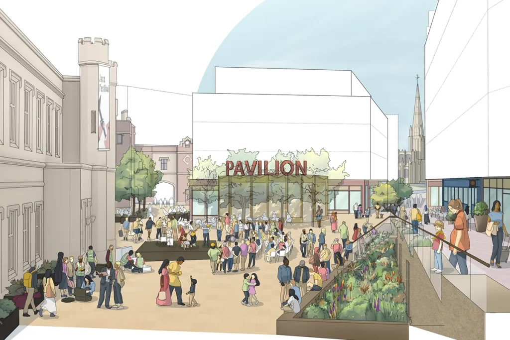 - Artist’s impression of public space at the Northern Gateway. People stand and sit in a public square in between buildings. There is planting on the right. In the background there is a new building with “pavilion” written on it.